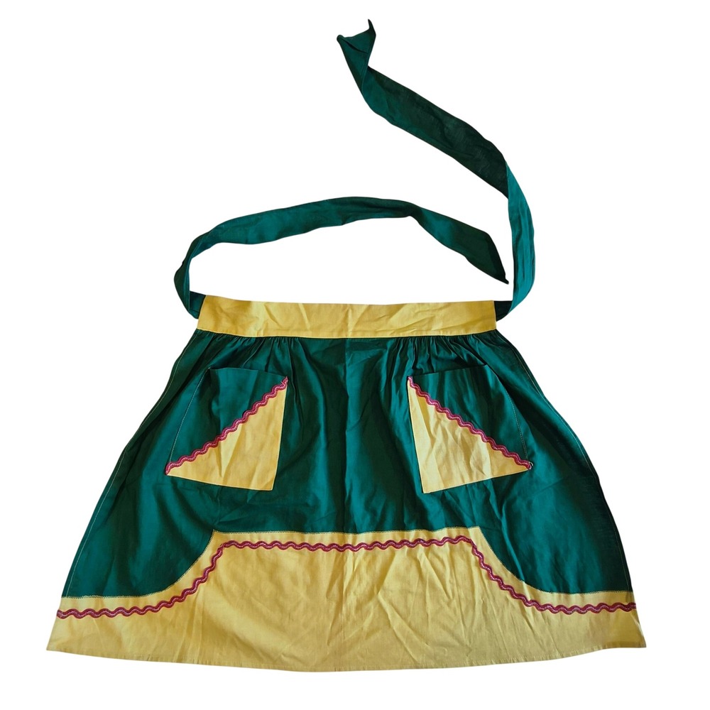 Vintage Half Apron Green Yellow Color Block Rickrack Trim Pockets Retro MCM
